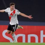 River Plate Julian Alvarez (R) celebrates after scoring, during a Group D match of the Copa Libertadores, between the Ar